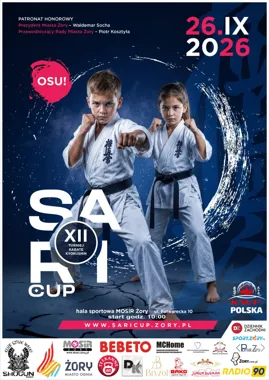 Grafika promocyjna wydarzenia XII Ogólnopolski Turniej Karate Kyokushin SARI CUP w Żorach