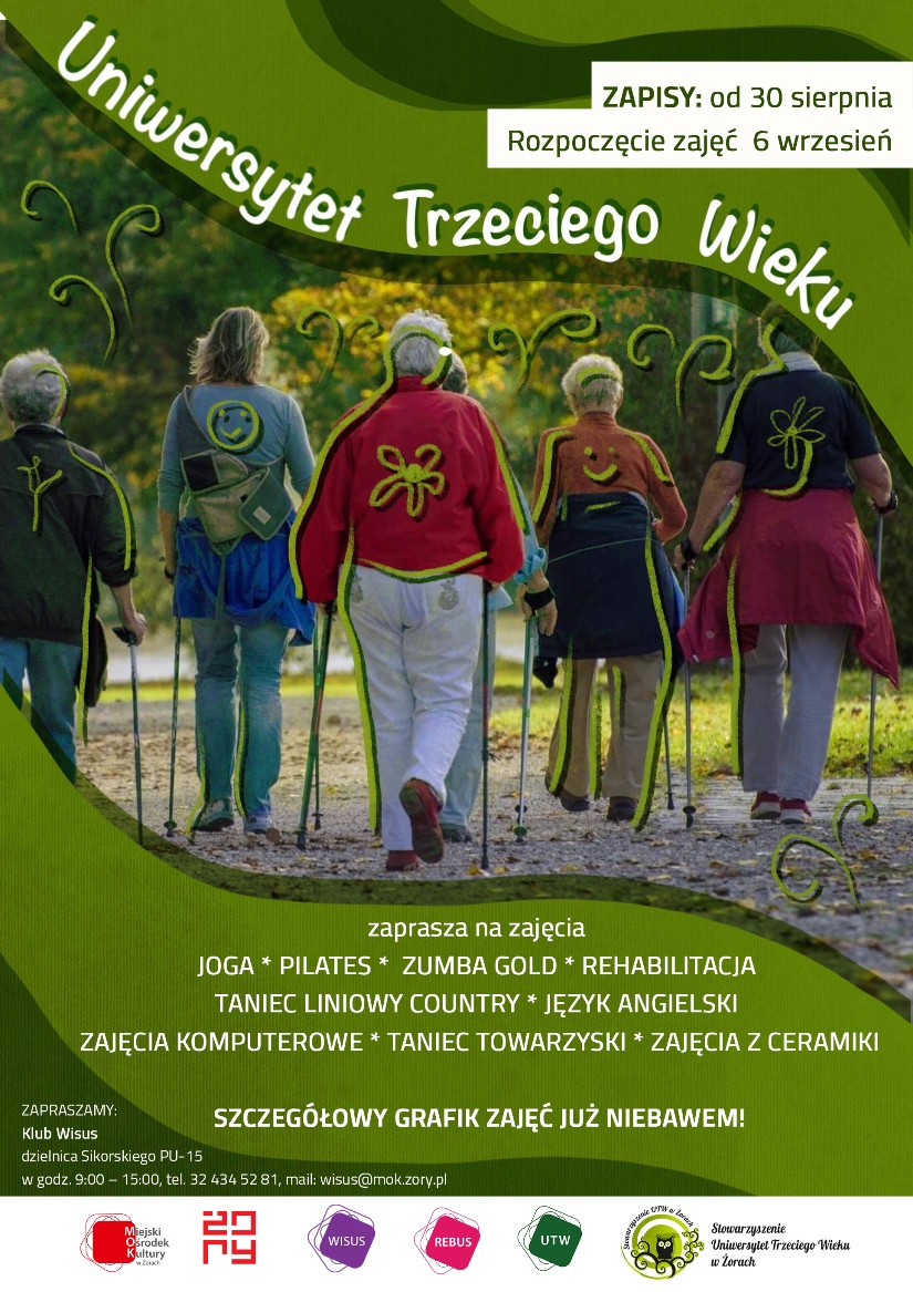 Plakat promujący zapisy na zajęcia UTW z informacjami zawartymi w tekście. Na zdjęciu seniorki odwrócone tyłem podczas zajęć nordic walking.