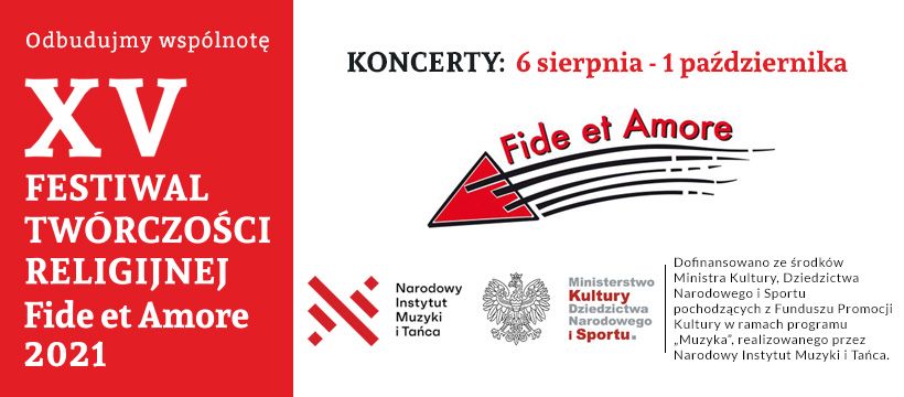 Grafika promująca Festiwal Fide et Amore z logo festiwalu i informacjami zawartym w tekście. 