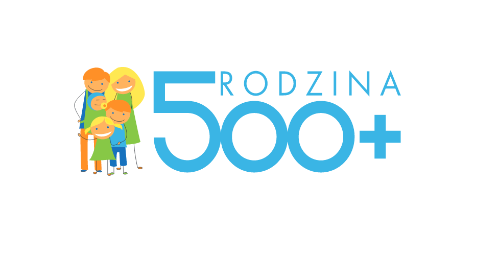 Logo programu 500 plus - rysunkowe postacie rodziny 2 + 3 oraz napis Rodzina 500 plus