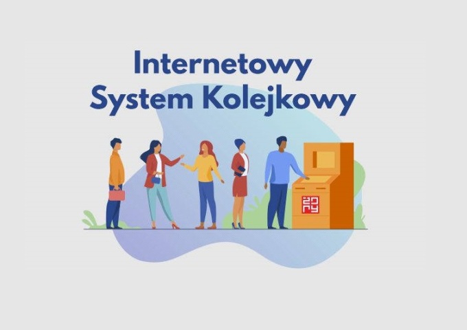 Grafika ilustracyjna, zawierająca napis Internetowy System Kolejkowy a pod nim 5 postaci czekających w kolejne do pobrania biletu z automatu. Na automacie widoczne logo Miasta Żory. 