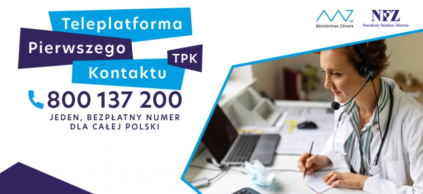 Grafika z kobietą w pracy na infolinii oraz napisami: Teleplatforma Pierwszego Kontaktu TPK. 800 137 200. Jeden, bezpłatny numer dla całej Polski. 