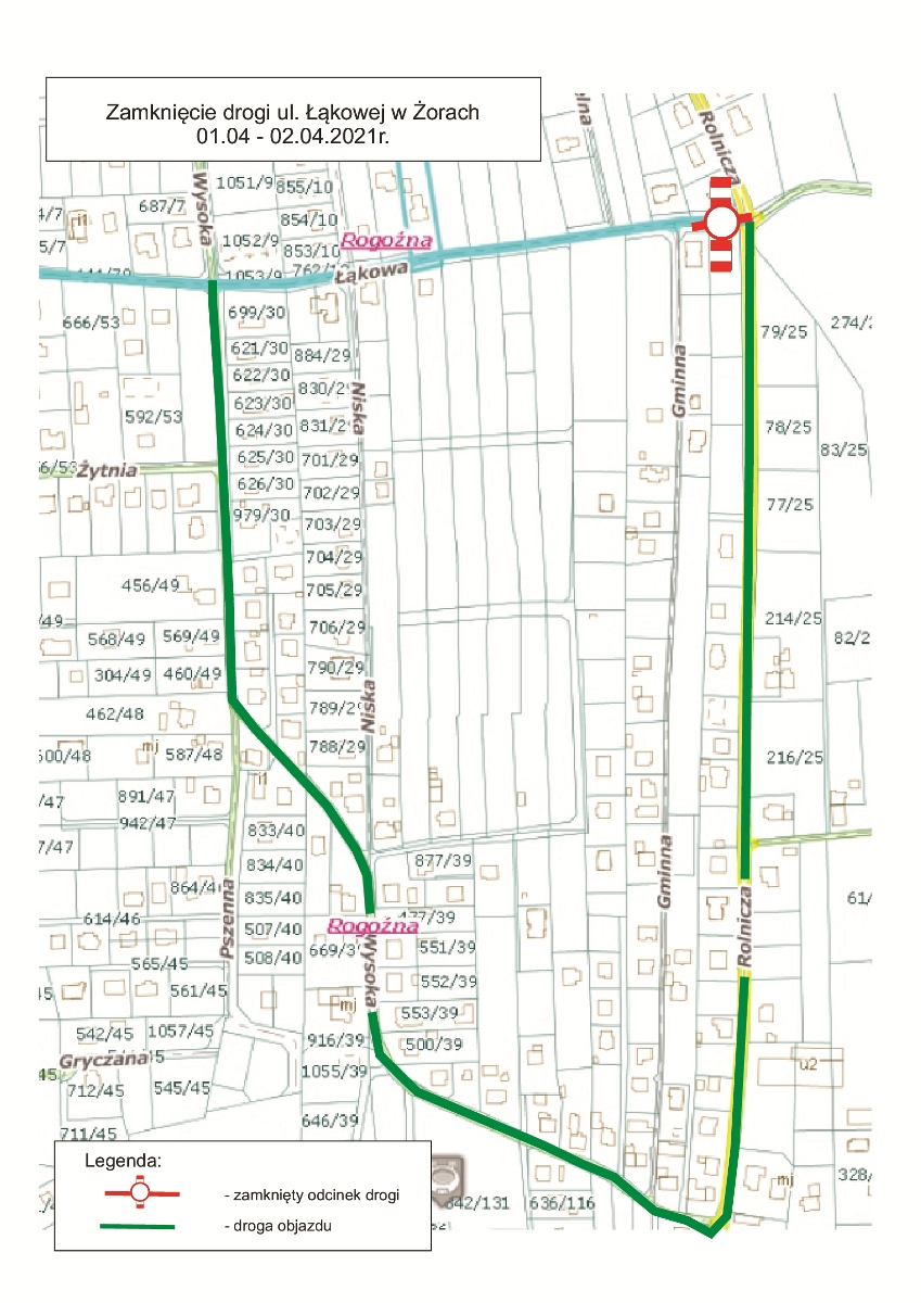 Mapa z planem objazdów dla ul. Łąkowej