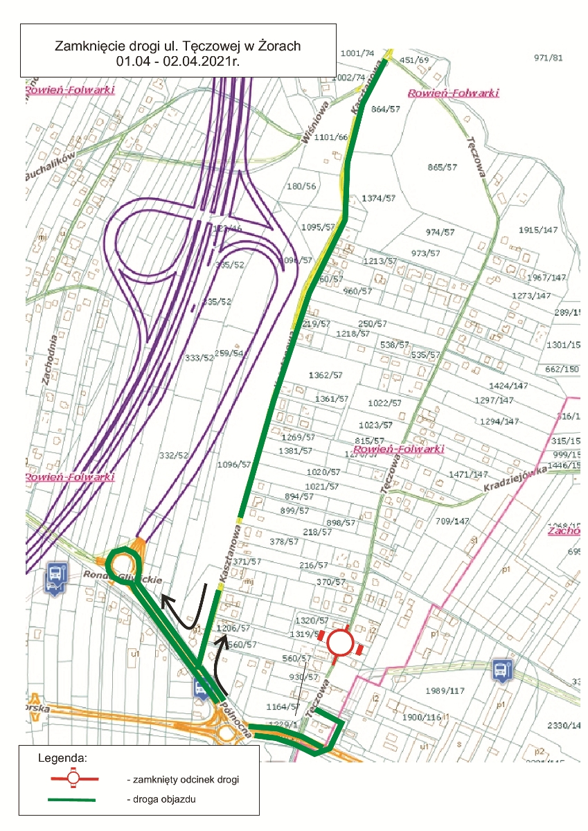 Mapa z planem objazdów dla ul. Tęczowej