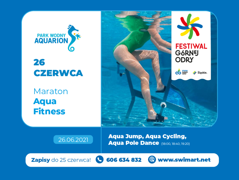 Grafika z informacjami zawartymi w tekście. Na pierwszy planie kobieta na rowerku stacjonarnym w basenie. Dodatkowo logo Festiwalu Górnej Odry i Parku Wodnego Aquarion. 
