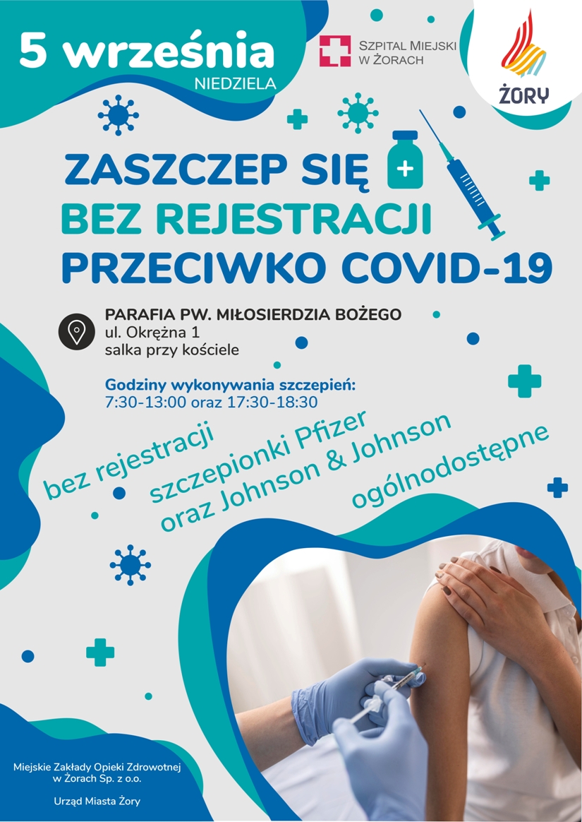  Plakat promujący akcję szczepień bez konieczności rejestracji z informacjami zawartymi w tekście.