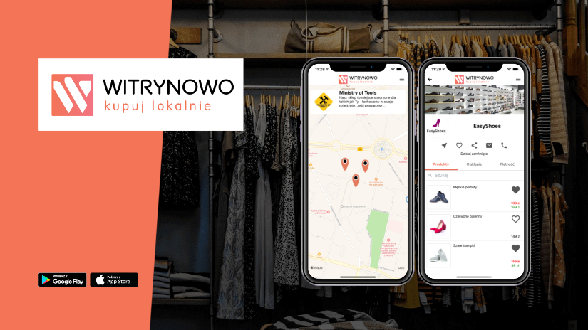 Grafika przedstawiająca telefon komórkowy z włączoną aplikacją na tle szafy z ubraniami oraz napis Witrynowo, kupuj lokalnie. 