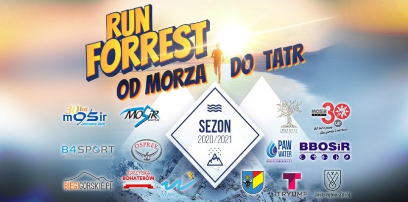 Grafika z napisem: „Run Forrest od Morza do Tatr” oraz logotypami partnerów wydarzenia, w tym MOSiR Żory.