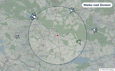 Mapa okolic miasta z sylwetkami samolotów — Niebo nad Żorami na żywo