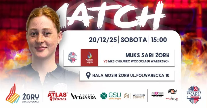 Grafika promocyjna wydarzenia MUKS Sari Żory — MKS Chełmiec Wodociągi Wałbrzych (2 Liga Kobiet)