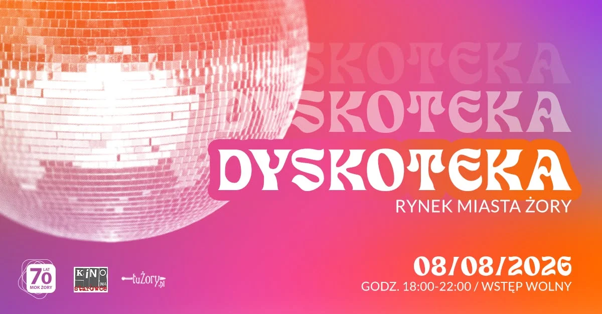 Grafika promocyjna wydarzenia Dyskoteka pod Chmurką – Żorski Rynek: letnia zabawa