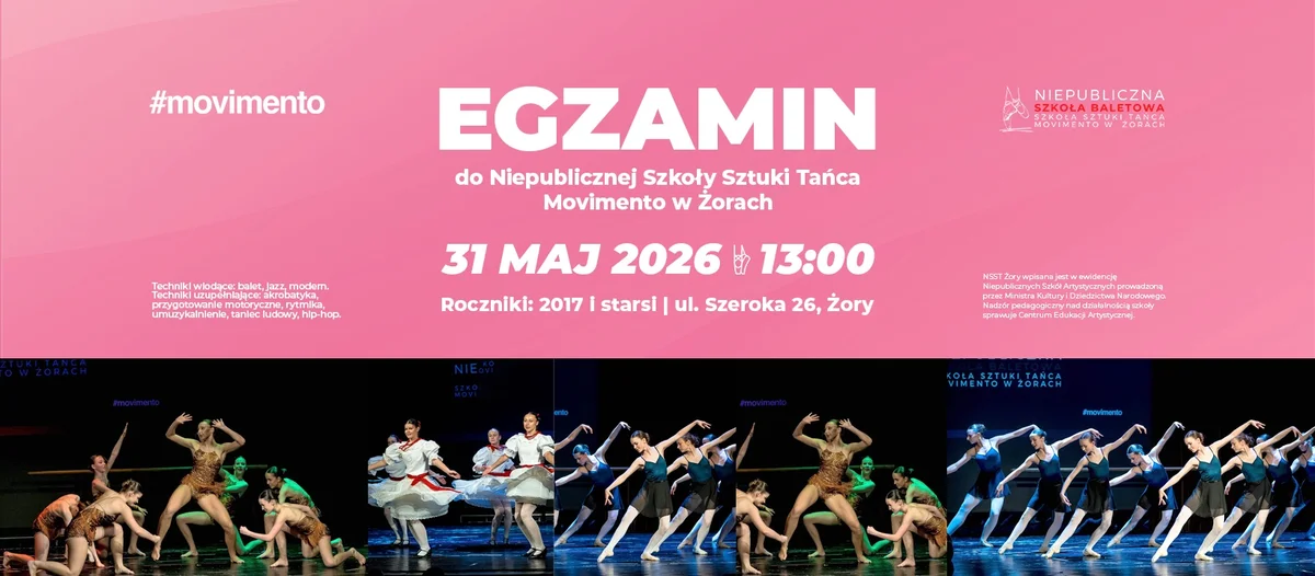 Grafika promocyjna wydarzenia Egzamin do Niepublicznej Szkoły Sztuki Tańca Movimento w Żorach