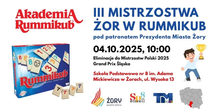 Obrazek przedstawia grafikę promocyjną wydarzenia III Mistrzostwa Żor w Rummikub — turniej Grand Prix Śląska