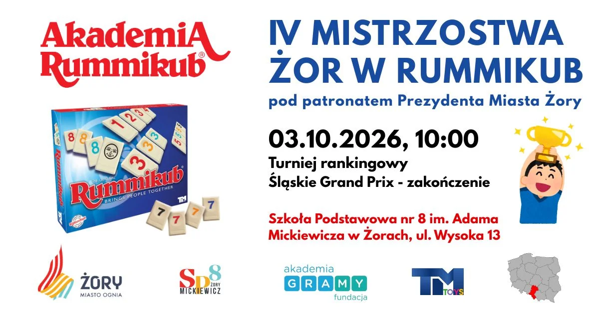 Grafika promocyjna wydarzenia IV Mistrzostwa Żor w Rummikub – Śląskie Grand Prix