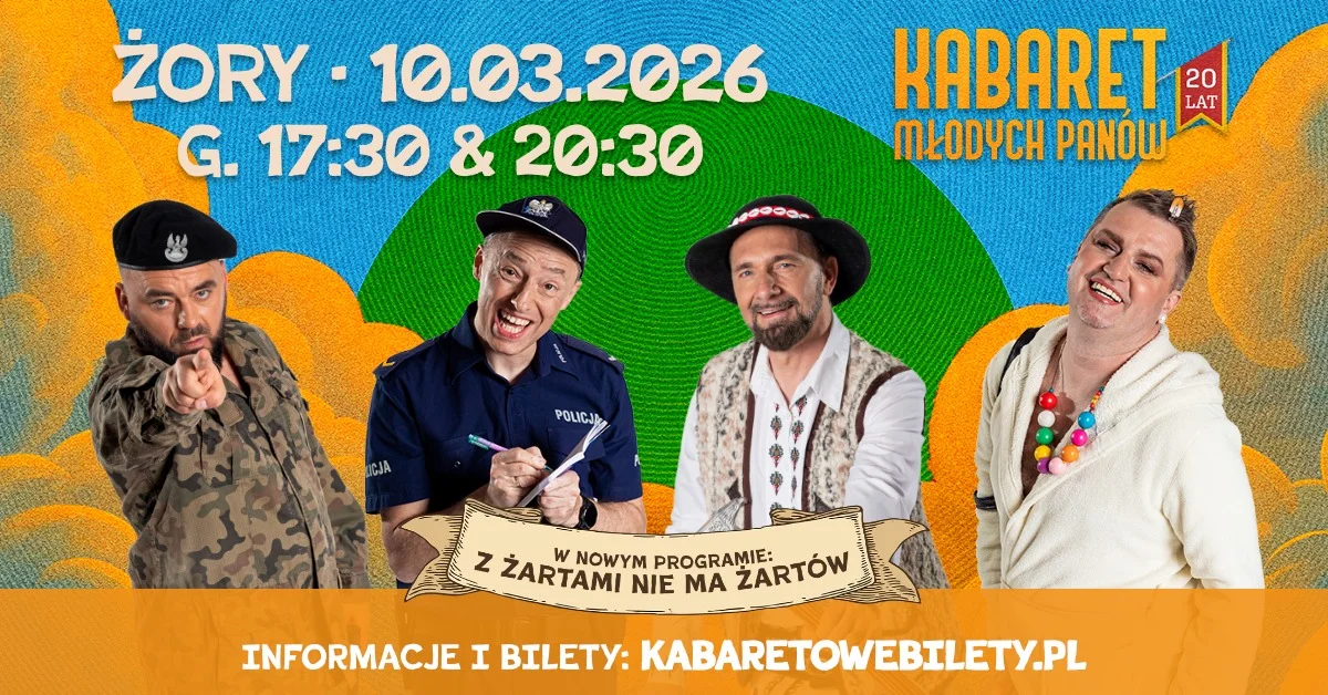 Grafika promocyjna wydarzenia Kabaret Młodych Panów świętuje 20-lecie nowym programem w Żorach