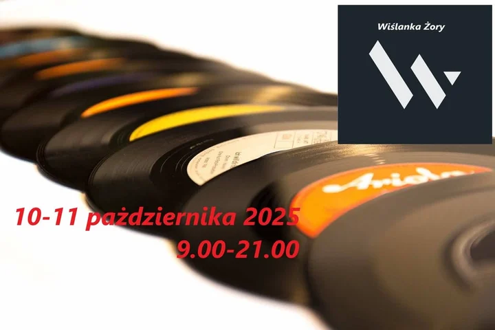 Obrazek przedstawia grafikę promocyjną wydarzenia Kiermasz płyt winylowych i CD w Galerii Wiślanka Żory