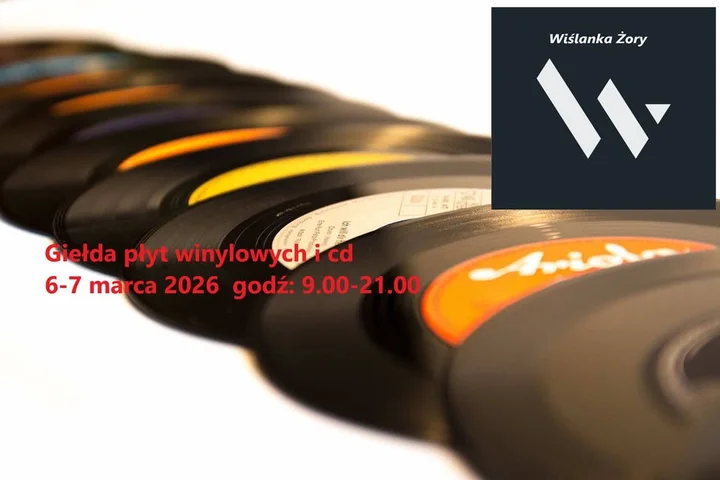 Grafika promocyjna wydarzenia Kiermasz winyli i CD w Galerii Wiślanka Żory — 6–7 marca 2026