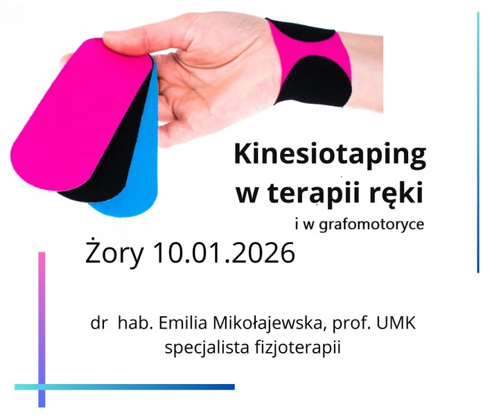 Grafika promocyjna wydarzenia Kinesiotaping w terapii ręki i grafomotoryce — kurs praktyczny
