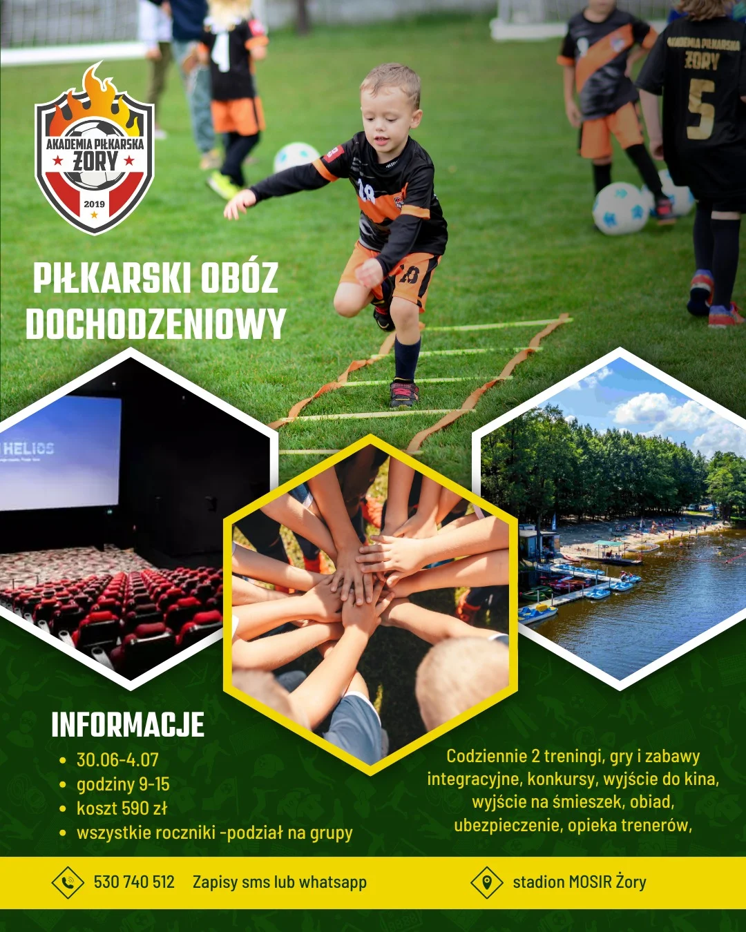 Grafika promocyjna wydarzenia Letni obóz treningowy dla młodych piłkarzy w Żorach