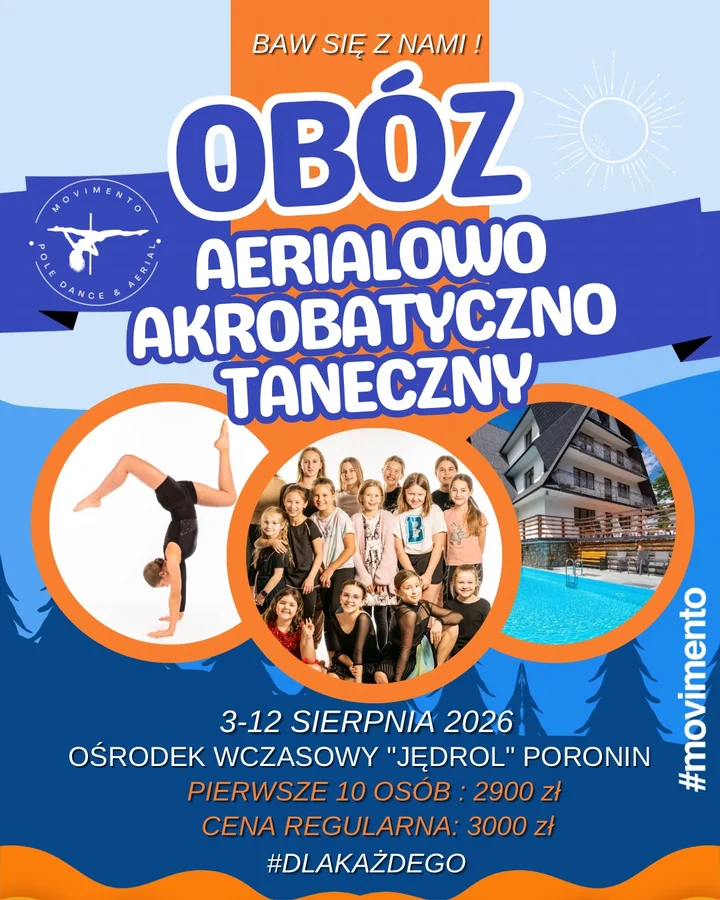 Grafika promocyjna wydarzenia OBÓZ AERIALOWO–AKROBATYCZNO–TANECZNY — Poronin, 3–12 sierpnia 2026