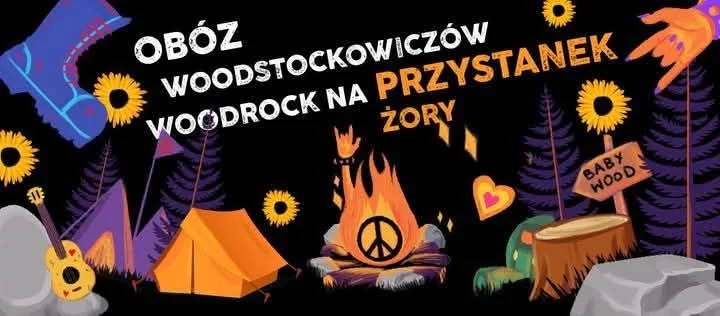 Obrazek przedstawia grafikę promocyjną wydarzenia Obóz WoodRock na festiwalu Przystanek Żory — rockowy weekend w Parku Cegielnia