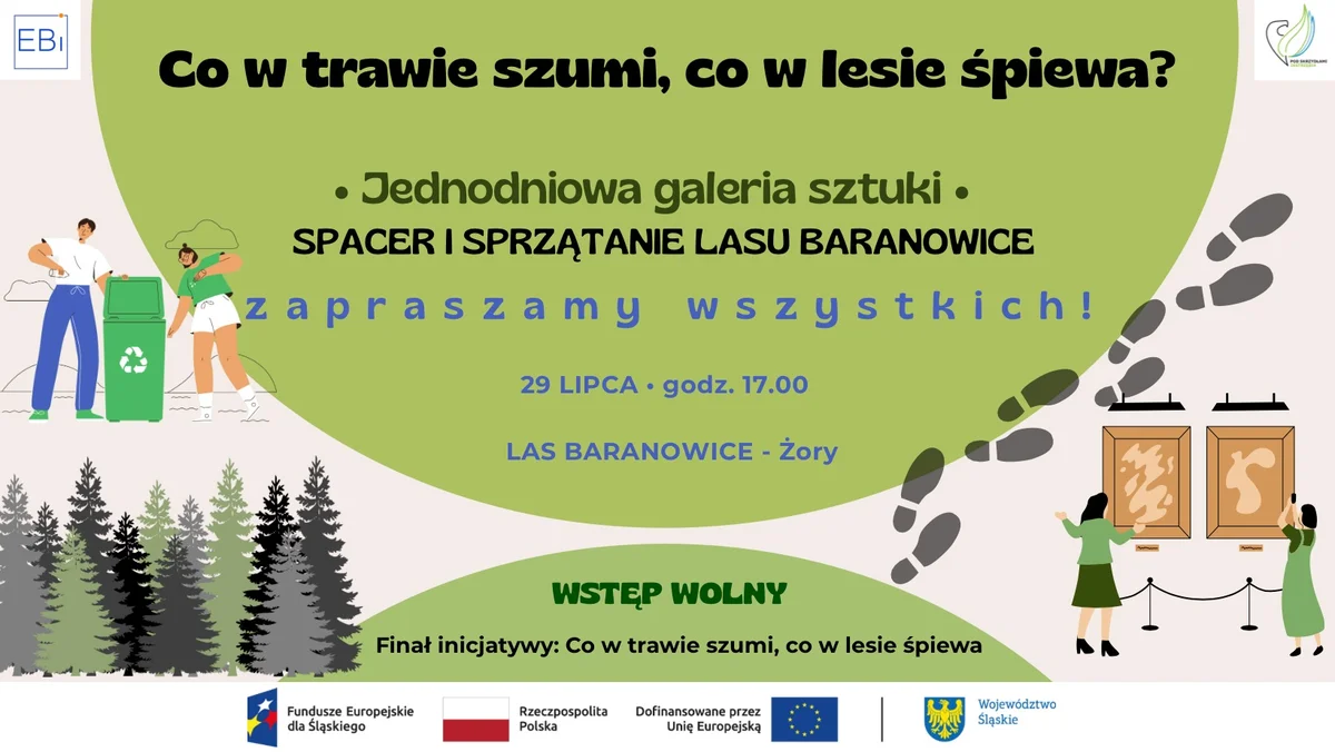 Grafika promocyjna wydarzenia Plenerowa wystawa i akcja sprzątania w lesie w Baranowicach