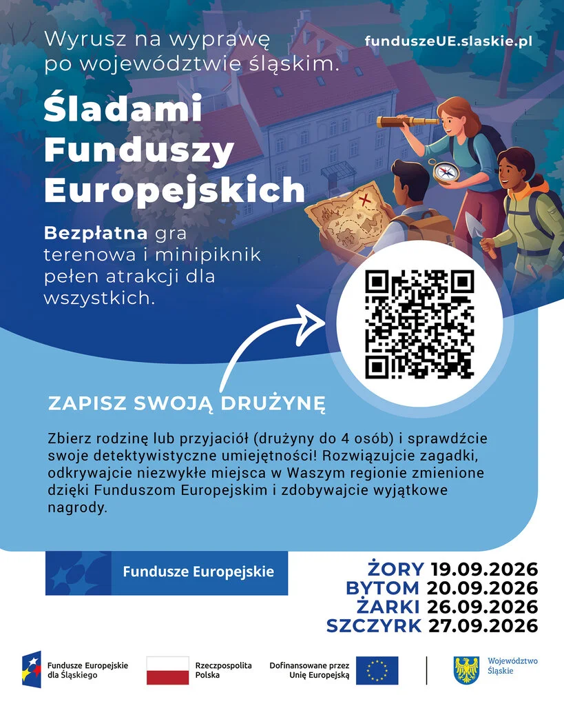 Grafika promocyjna wydarzenia Śladami Funduszy Europejskich – gry terenowe i minipiknik w Żorach