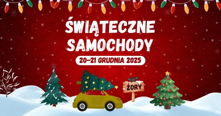 Grafika promocyjna wydarzenia Świąteczne Samochody w Żorach — parada udekorowanych pojazdów 20–21 grudnia