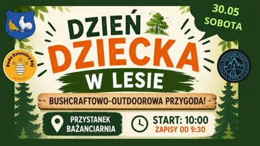 Grafika promocyjna wydarzenia Dzień Dziecka w lesie – Bushcraftowo-outdoorowa przygoda w Żorach