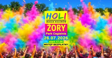 Grafika promocyjna wydarzenia Holi Magia Kolorów w Żorach – kolorowa impreza
