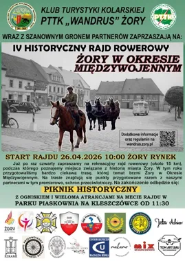 Grafika promocyjna wydarzenia IV Historyczny Rajd Rowerowy w Żorach: Żory w Okresie Międzywojennym