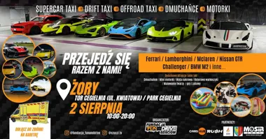 Grafika promocyjna wydarzenia Przejedź się Ferrari, Lamborghini i McLarenem w Żorach – motoryzacyjne wydarzenie w Parku Cegielnia