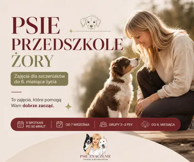 Grafika promocyjna wydarzenia PSIE PRZEDSZKOLE ŻORY – DOBRY START ZE SZCZENIAKIEM – kurs dla szczeniąt