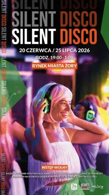 Grafika promocyjna wydarzenia SILENT DISCO na Rynku w Żorach — 20 czerwca i 25 lipca