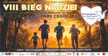 Grafika promocyjna wydarzenia VIII Charytatywny Bieg Nadziei w Żorach — pobiegniemy (i pójdziemy) dla Hospicjum