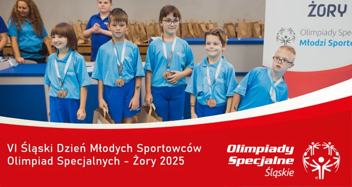 Obrazek przedstawia grafikę promocyjną wydarzenia Dzień Młodych Sportowców w Żorach — rywalizacja i integracja na sportowo