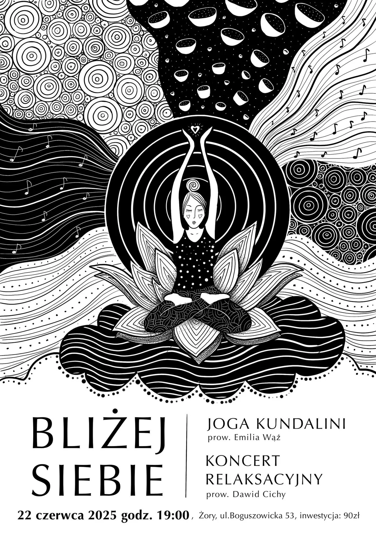 Grafika promocyjna wydarzenia Wieczór z jogą kundalini i relaksującym koncertem dźwięków w Żorach
