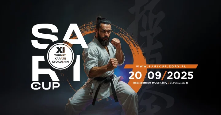 Obrazek przedstawia grafikę promocyjną wydarzenia Ogólnopolski Turniej Karate Kyokushin SARI CUP — Żory, 20 września 2025