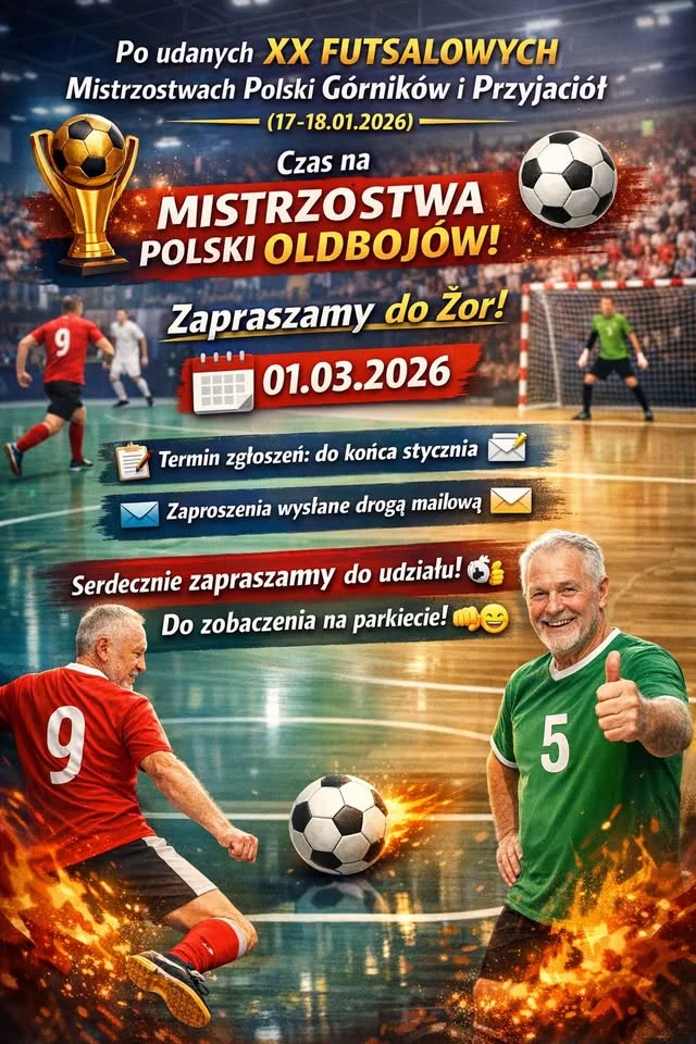 Grafika promocyjna wydarzenia XIV Oldbojowe Mistrzostwa Polski Górników i Przyjaciół — Żory, 1 marca 2026