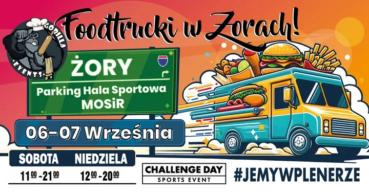 Obrazek przedstawia grafikę promocyjną wydarzenia Strefa foodtrucków przy Hali Sportowej w Żorach