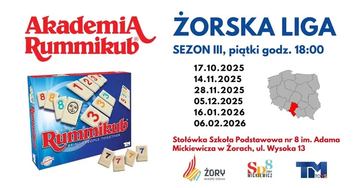Grafika promocyjna wydarzenia Żorska Liga Rummikub — Sezon III