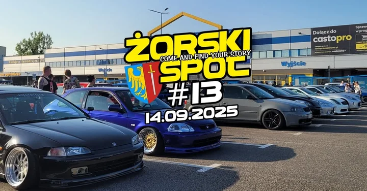 Obrazek przedstawia grafikę promocyjną wydarzenia Zakończenie sezonu 2025 na parkingu Castorama w Żorach