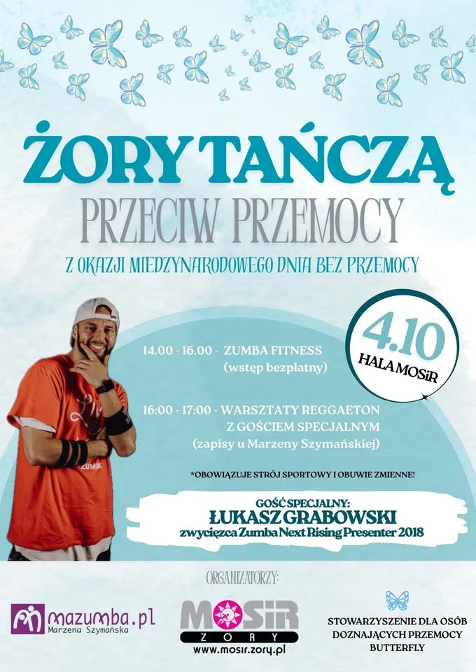 Obrazek przedstawia grafikę promocyjną wydarzenia Taniec i warsztaty przeciwko przemocy w Żorach