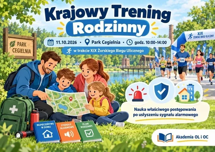 Rodzinne przygotowanie na alarmy podczas biegu w Parku Cegielnia