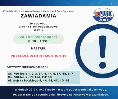 W kilku rejonach Żor zabraknie wody. Prace potrwają pięć godzin