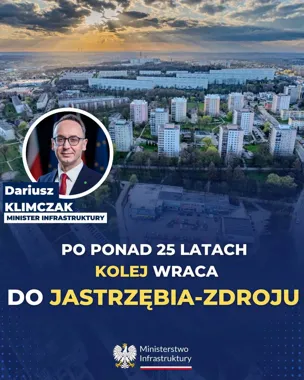 Plakat Ministerstwa Infrastruktury z portretem ministra Dariusza Klimczaka i widokiem miasta, ogłaszający powrót kolei do Jastrzębia-Zdroju po ponad 25 latach.